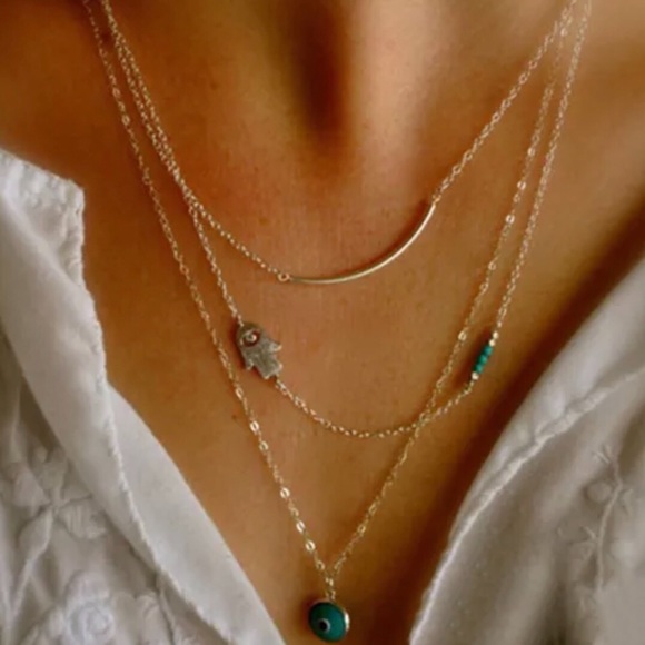 Jewelry - Boho Multi Layer Hamsa Fatima Evil Eye Necklace